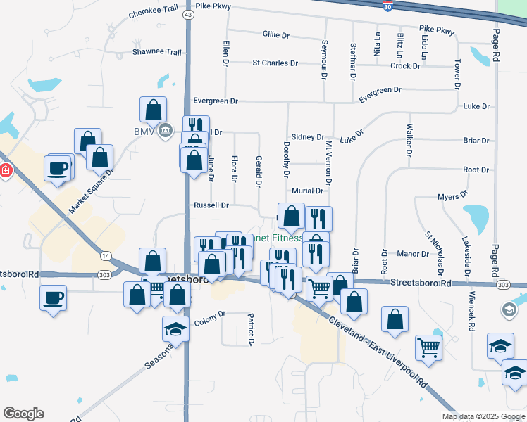 map of restaurants, bars, coffee shops, grocery stores, and more near 1488 Russell Drive in Streetsboro