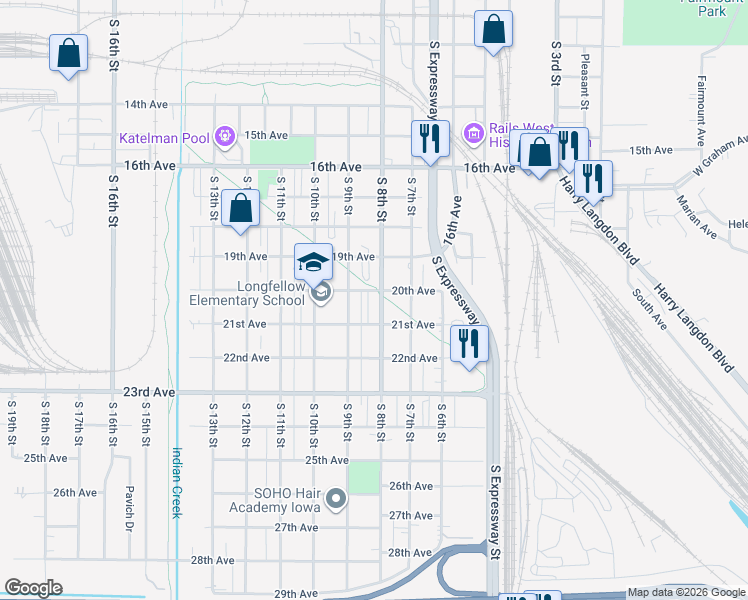 map of restaurants, bars, coffee shops, grocery stores, and more near 2004 South 8th Street in Council Bluffs