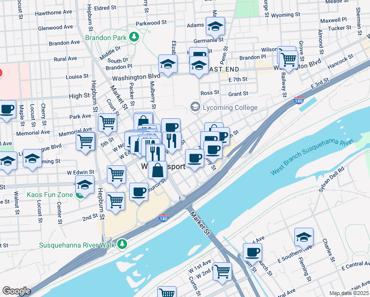 map of restaurants, bars, coffee shops, grocery stores, and more near 125 East 3rd Street in Williamsport