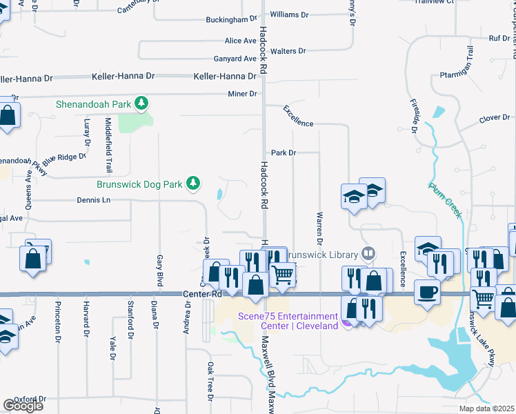 map of restaurants, bars, coffee shops, grocery stores, and more near 1220 Hadcock Road in Brunswick