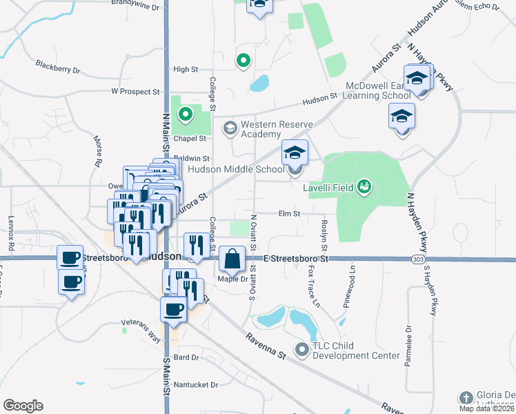 map of restaurants, bars, coffee shops, grocery stores, and more near 55 North Oviatt Street in Hudson