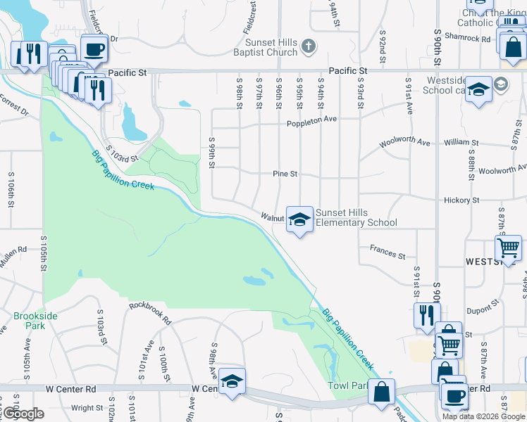 map of restaurants, bars, coffee shops, grocery stores, and more near 9614 Walnut Street in Omaha