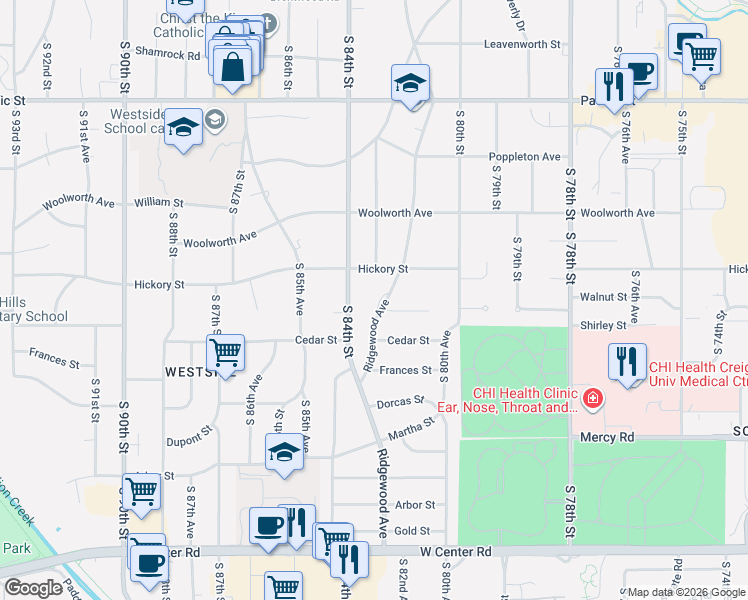 map of restaurants, bars, coffee shops, grocery stores, and more near 1718 Ridgewood Avenue in Omaha