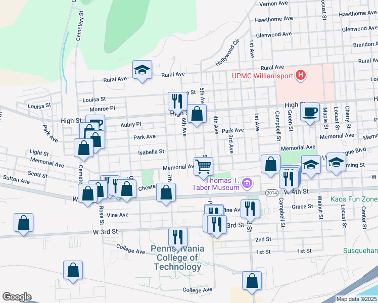 map of restaurants, bars, coffee shops, grocery stores, and more near 628 6th Avenue in Williamsport