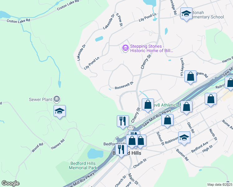 map of restaurants, bars, coffee shops, grocery stores, and more near 1 Howe Circle in Bedford Hills