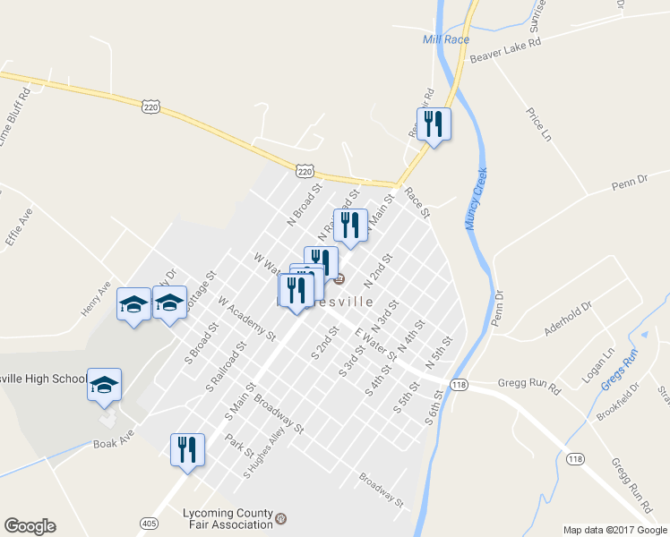 map of restaurants, bars, coffee shops, grocery stores, and more near 75 North Main Street in Hughesville