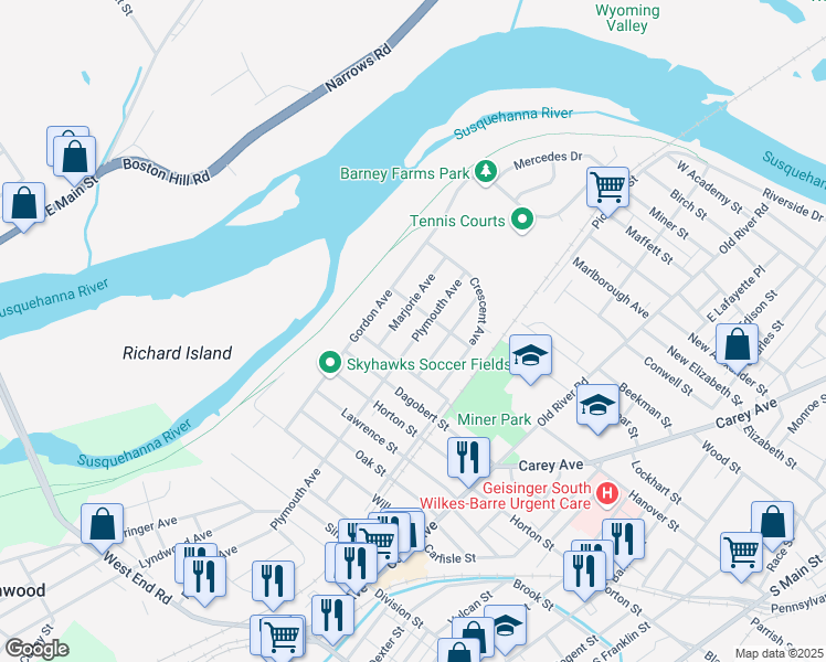 map of restaurants, bars, coffee shops, grocery stores, and more near 98 Marjorie Avenue in Wilkes-Barre