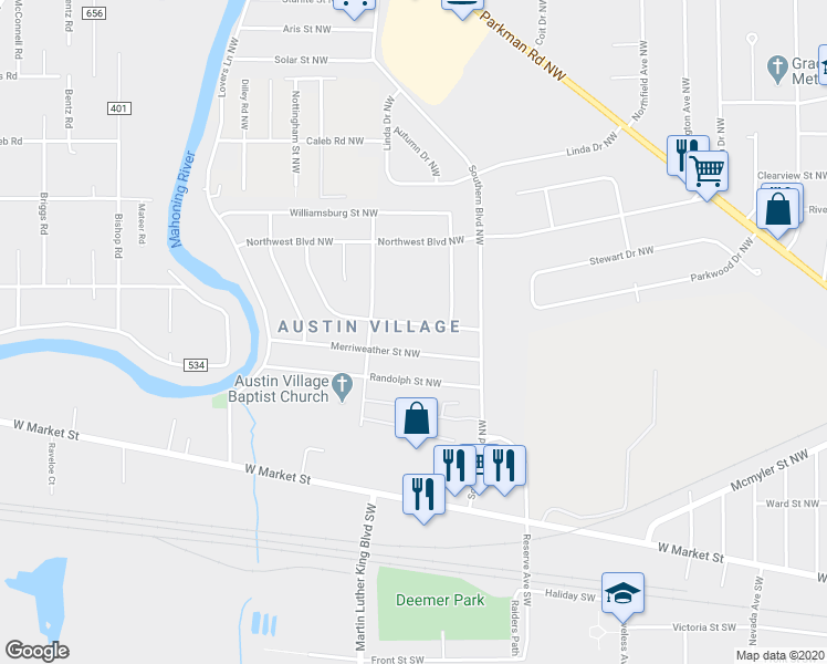 map of restaurants, bars, coffee shops, grocery stores, and more near 2873 Clearwater Street Northwest in Warren