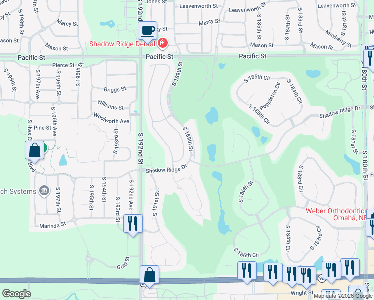 map of restaurants, bars, coffee shops, grocery stores, and more near 1713 South 189th Court in Omaha