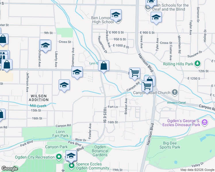 map of restaurants, bars, coffee shops, grocery stores, and more near 1033 1280 South in Ogden