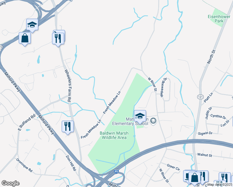 map of restaurants, bars, coffee shops, grocery stores, and more near 180 Fresh Meadow Lane in Milford