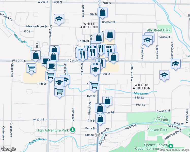 map of restaurants, bars, coffee shops, grocery stores, and more near 1303 Washington Boulevard in Ogden