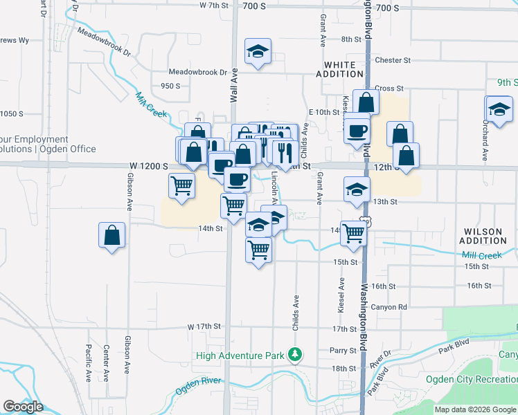 map of restaurants, bars, coffee shops, grocery stores, and more near 1325 Lincoln Avenue in Ogden
