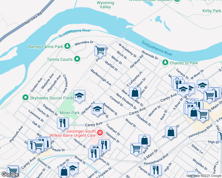 map of restaurants, bars, coffee shops, grocery stores, and more near 217 New Elizabeth Street in Wilkes-Barre