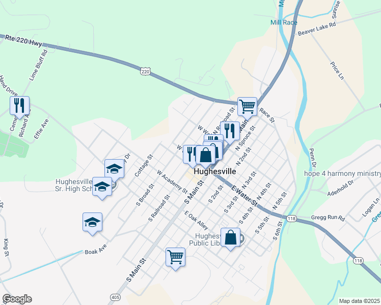 map of restaurants, bars, coffee shops, grocery stores, and more near 150-158 West Water Street in Hughesville