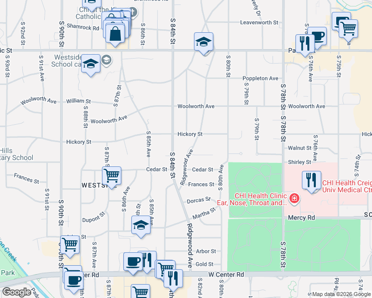 map of restaurants, bars, coffee shops, grocery stores, and more near 1718 Ridgewood Avenue in Omaha