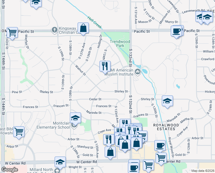 map of restaurants, bars, coffee shops, grocery stores, and more near 13405 Hickory Circle in Omaha