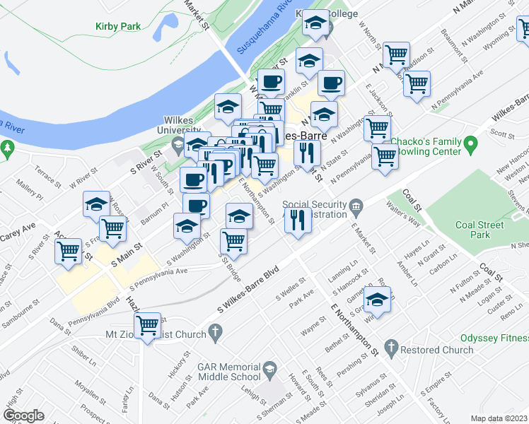 map of restaurants, bars, coffee shops, grocery stores, and more near 61 East Northampton Street in Wilkes-Barre