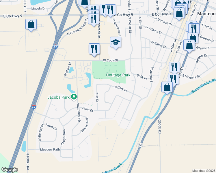 map of restaurants, bars, coffee shops, grocery stores, and more near 503 Barry Turn in Manteno