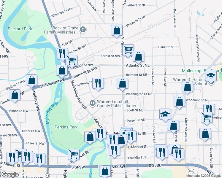 map of restaurants, bars, coffee shops, grocery stores, and more near 192 Washington Street Northeast in Warren