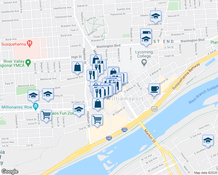 map of restaurants, bars, coffee shops, grocery stores, and more near 43 West Edwin Street in Williamsport