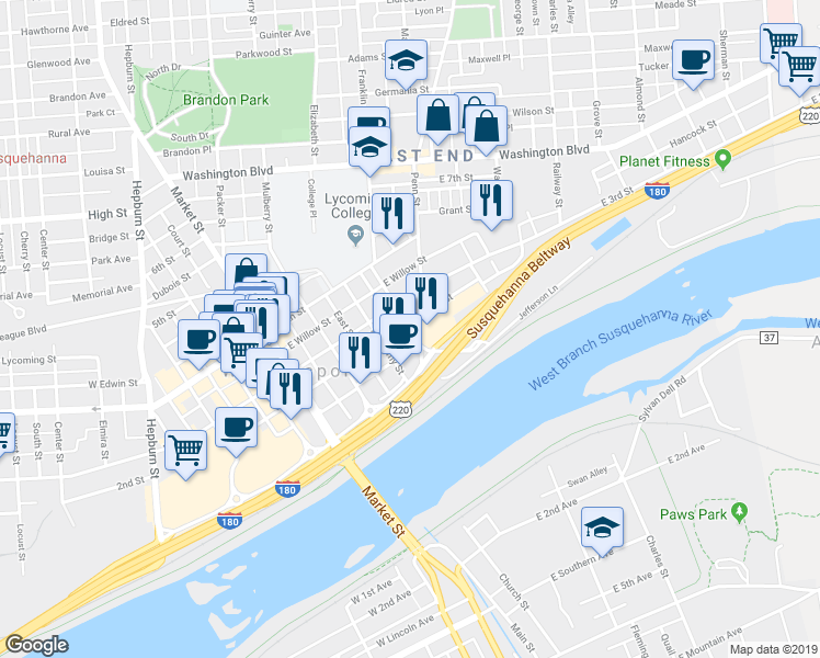 map of restaurants, bars, coffee shops, grocery stores, and more near 227 Basin Street in Williamsport