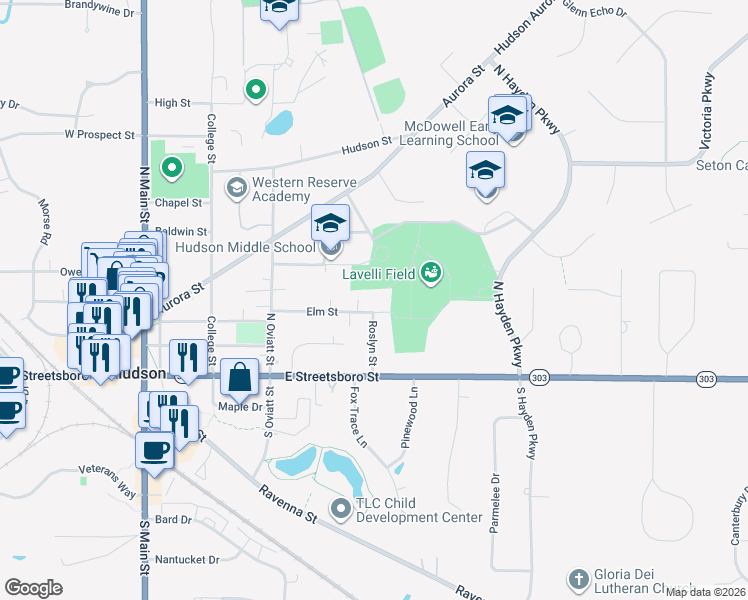 map of restaurants, bars, coffee shops, grocery stores, and more near 179 Elm St in Hudson