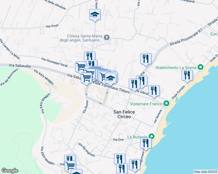 map of restaurants, bars, coffee shops, grocery stores, and more near 68 Viale Tommaso Tittoni in San Felice Circeo