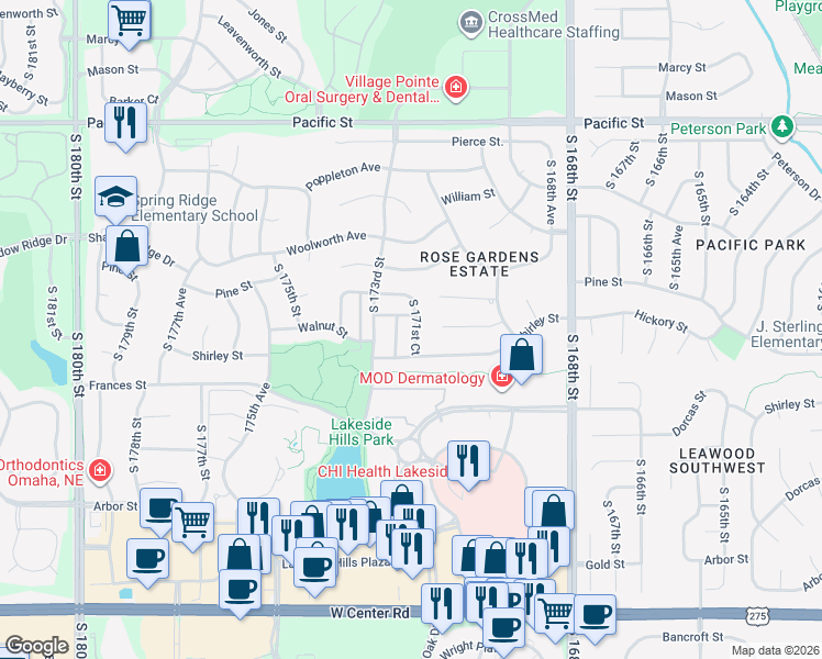 map of restaurants, bars, coffee shops, grocery stores, and more near 1810 South 171st Court in Omaha
