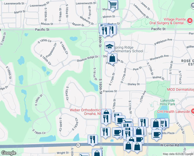 map of restaurants, bars, coffee shops, grocery stores, and more near 1815 South 181st Street in Omaha