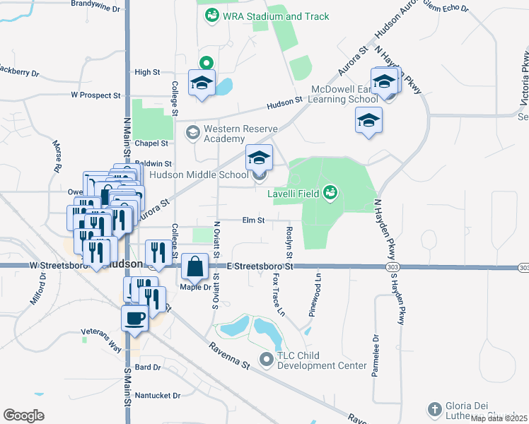 map of restaurants, bars, coffee shops, grocery stores, and more near 151 Elm Street in Hudson