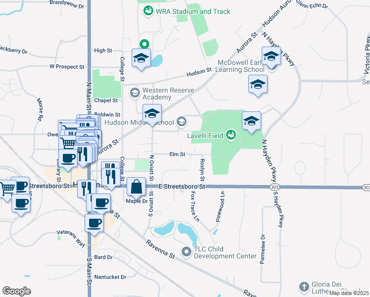 map of restaurants, bars, coffee shops, grocery stores, and more near 151 Elm Street in Hudson