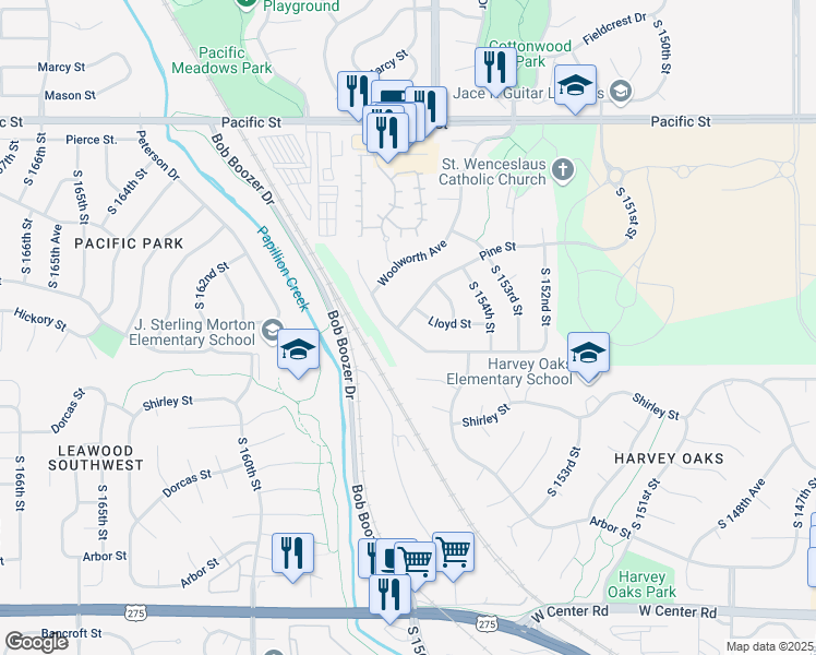 map of restaurants, bars, coffee shops, grocery stores, and more near 15724 Hickory Street in Omaha