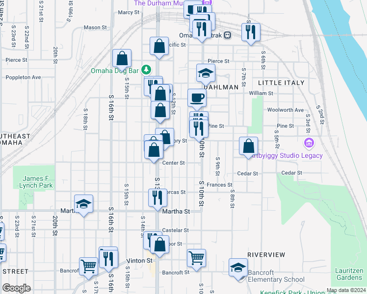 map of restaurants, bars, coffee shops, grocery stores, and more near 1710 South 11th Street in Omaha