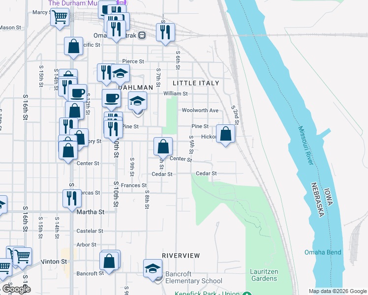 map of restaurants, bars, coffee shops, grocery stores, and more near 515 Hickory Street in Omaha