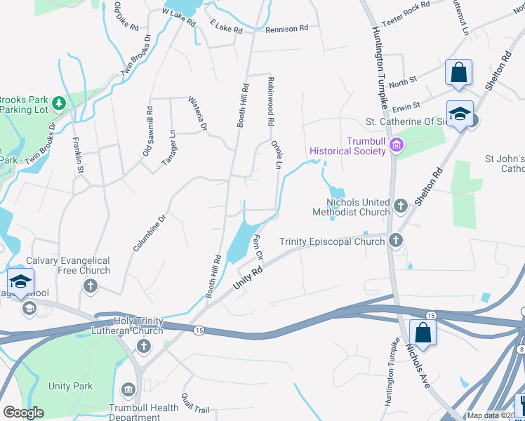 map of restaurants, bars, coffee shops, grocery stores, and more near 122 Fern Circle in Trumbull