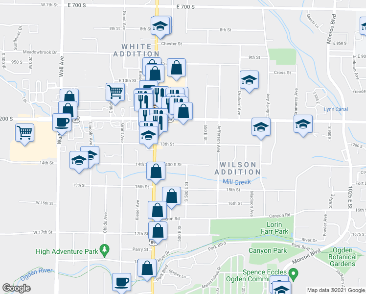 map of restaurants, bars, coffee shops, grocery stores, and more near 485 13th Street in Ogden