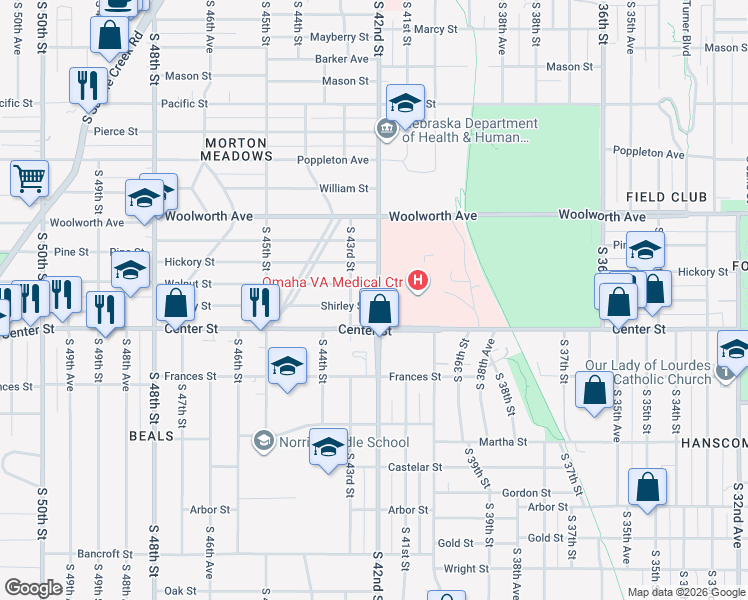 map of restaurants, bars, coffee shops, grocery stores, and more near 4204 Shirley Street in Omaha