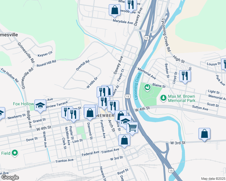map of restaurants, bars, coffee shops, grocery stores, and more near 1021 Race Street in Williamsport