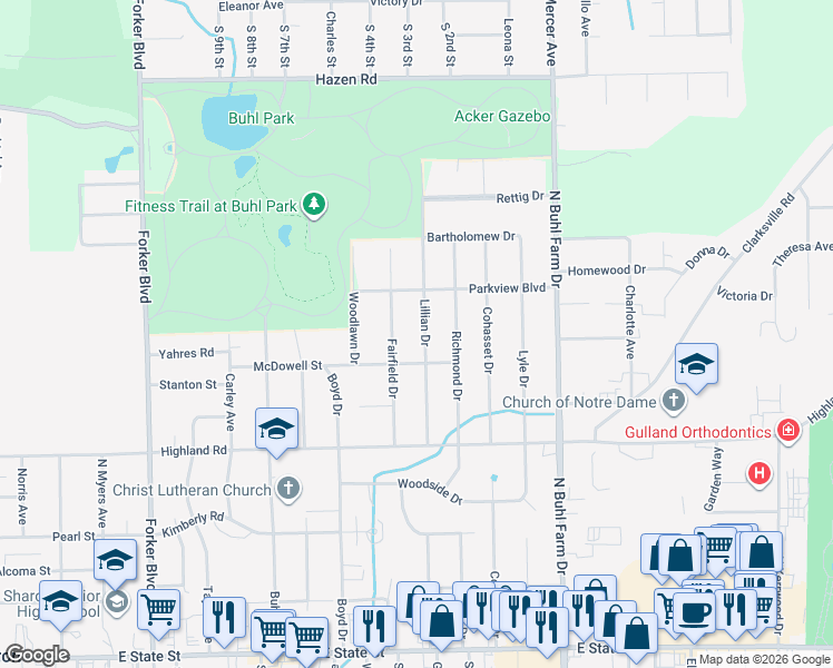 map of restaurants, bars, coffee shops, grocery stores, and more near 656 Lillian Drive in Hermitage