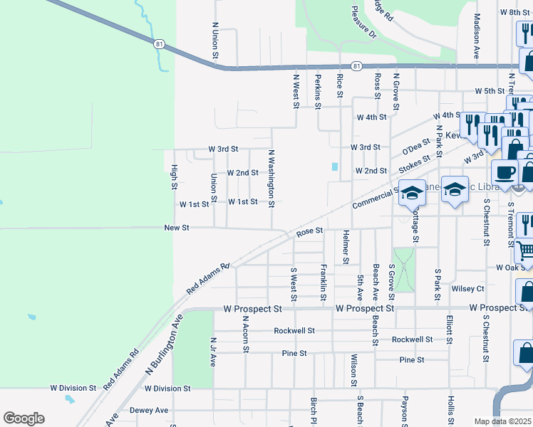 map of restaurants, bars, coffee shops, grocery stores, and more near 1215 West 1st Street in Kewanee