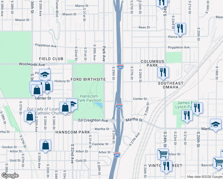 map of restaurants, bars, coffee shops, grocery stores, and more near 1722 South 29th Street in Omaha
