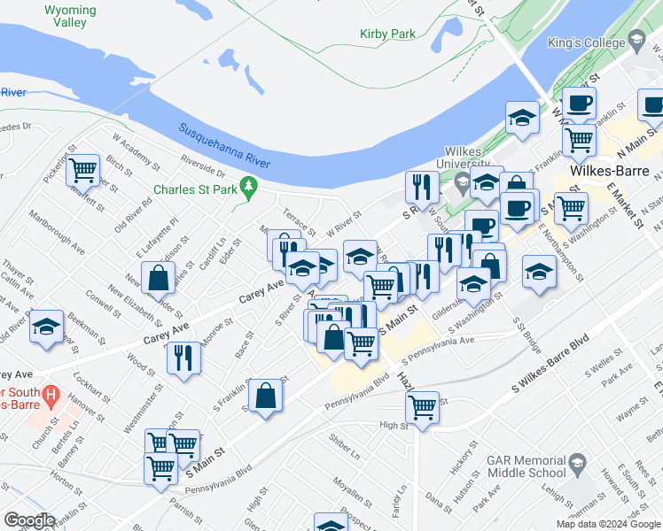 map of restaurants, bars, coffee shops, grocery stores, and more near 359 South River Street in Wilkes-Barre