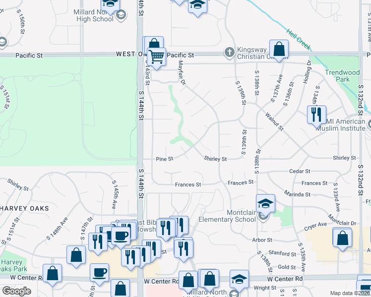 map of restaurants, bars, coffee shops, grocery stores, and more near 14134 Pine Street in Omaha