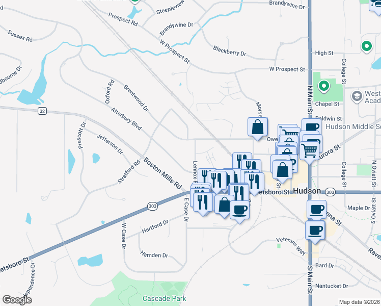 map of restaurants, bars, coffee shops, grocery stores, and more near 24 Lennox Road in Hudson
