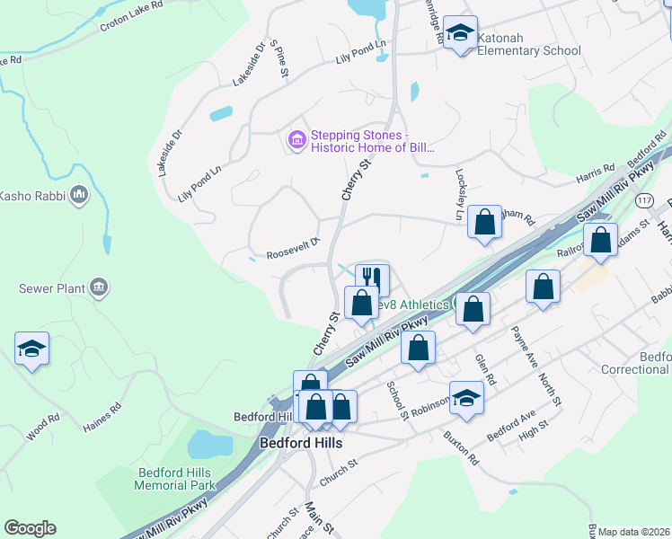 map of restaurants, bars, coffee shops, grocery stores, and more near 400 Cherry Street in Bedford Hills