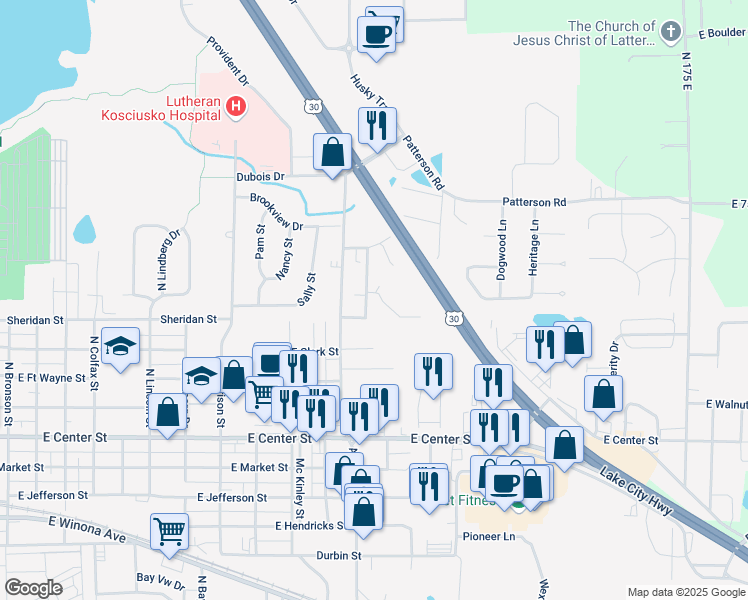 map of restaurants, bars, coffee shops, grocery stores, and more near 510 Oak Glen Drive in Warsaw