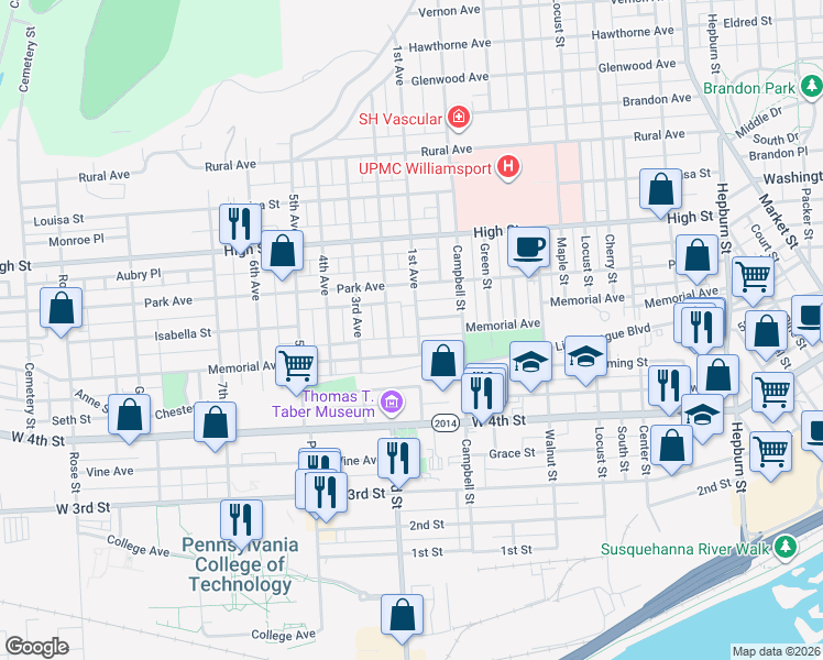 map of restaurants, bars, coffee shops, grocery stores, and more near 617 1st Avenue in Williamsport