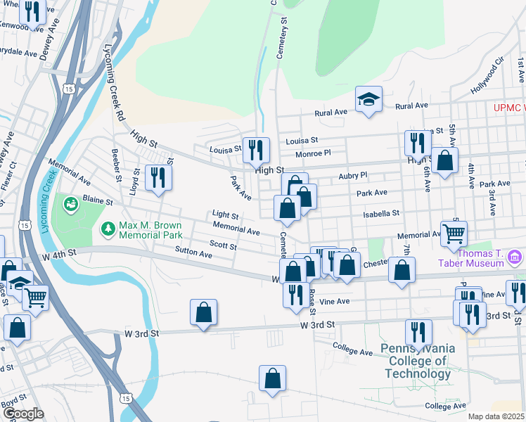 map of restaurants, bars, coffee shops, grocery stores, and more near 630 Wildwood Boulevard in Williamsport