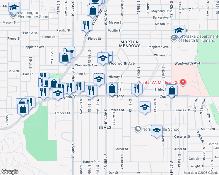map of restaurants, bars, coffee shops, grocery stores, and more near 4714 Shirley Street in Omaha